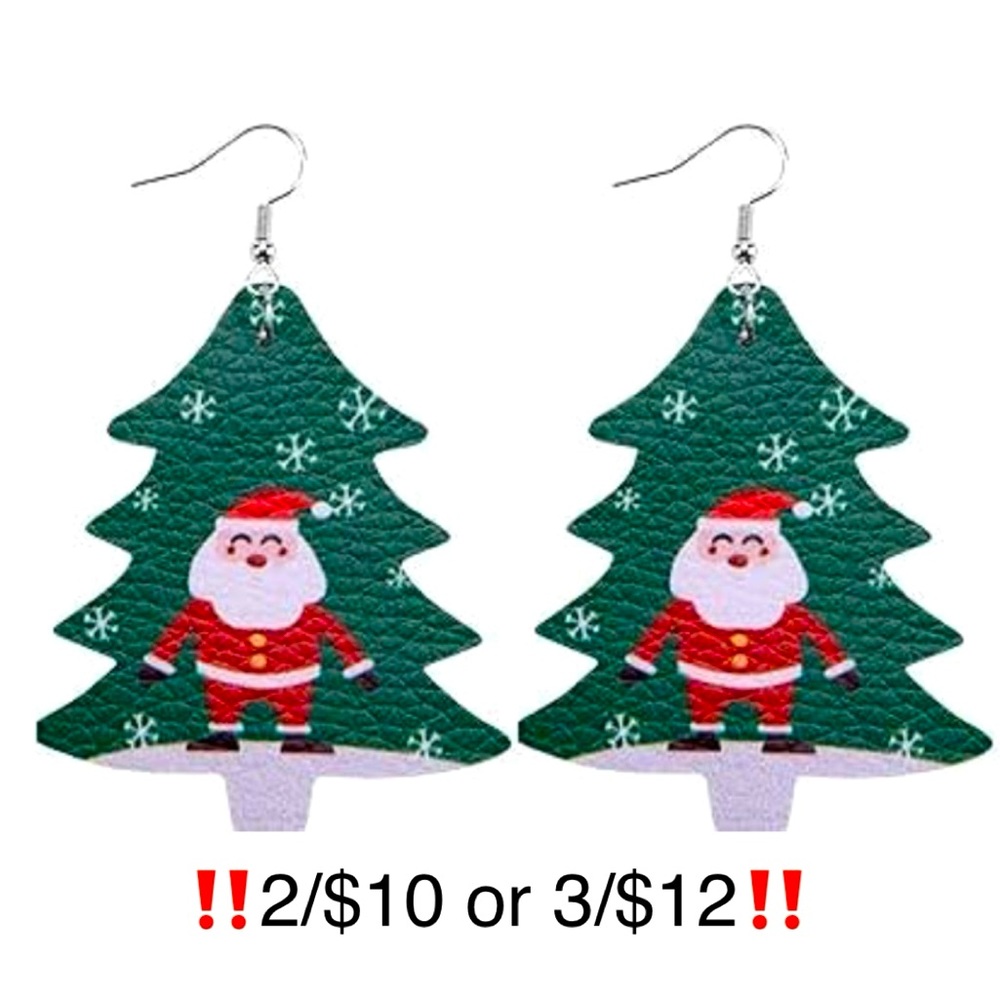 Santa Christmas Tree Earrings Faux Leather Dangling Holiday Novelty Earrings